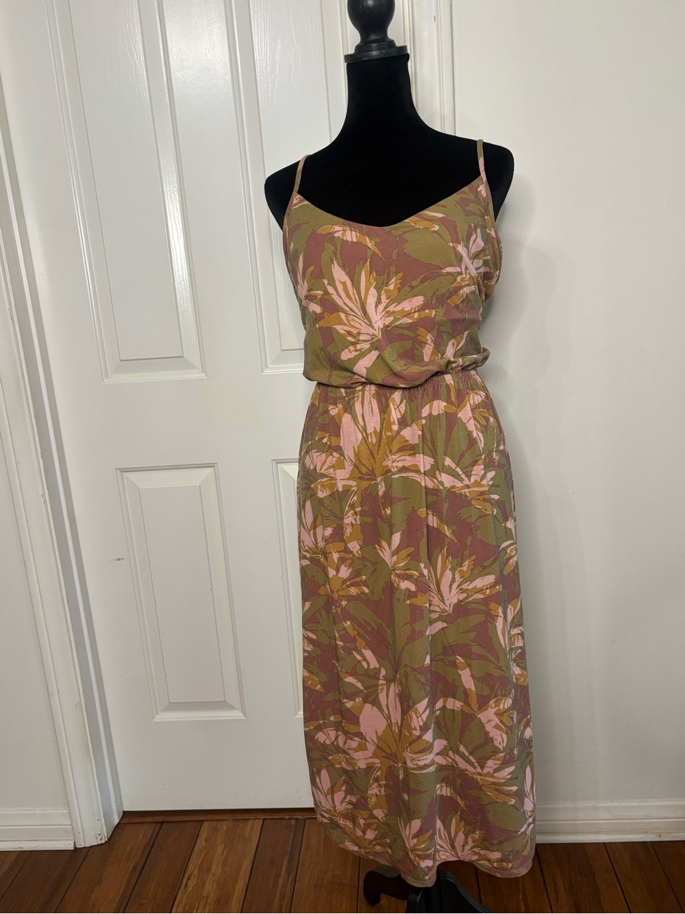 Prana Floral Print Spaghetti Strap Maxi Dress in Olive and Pink